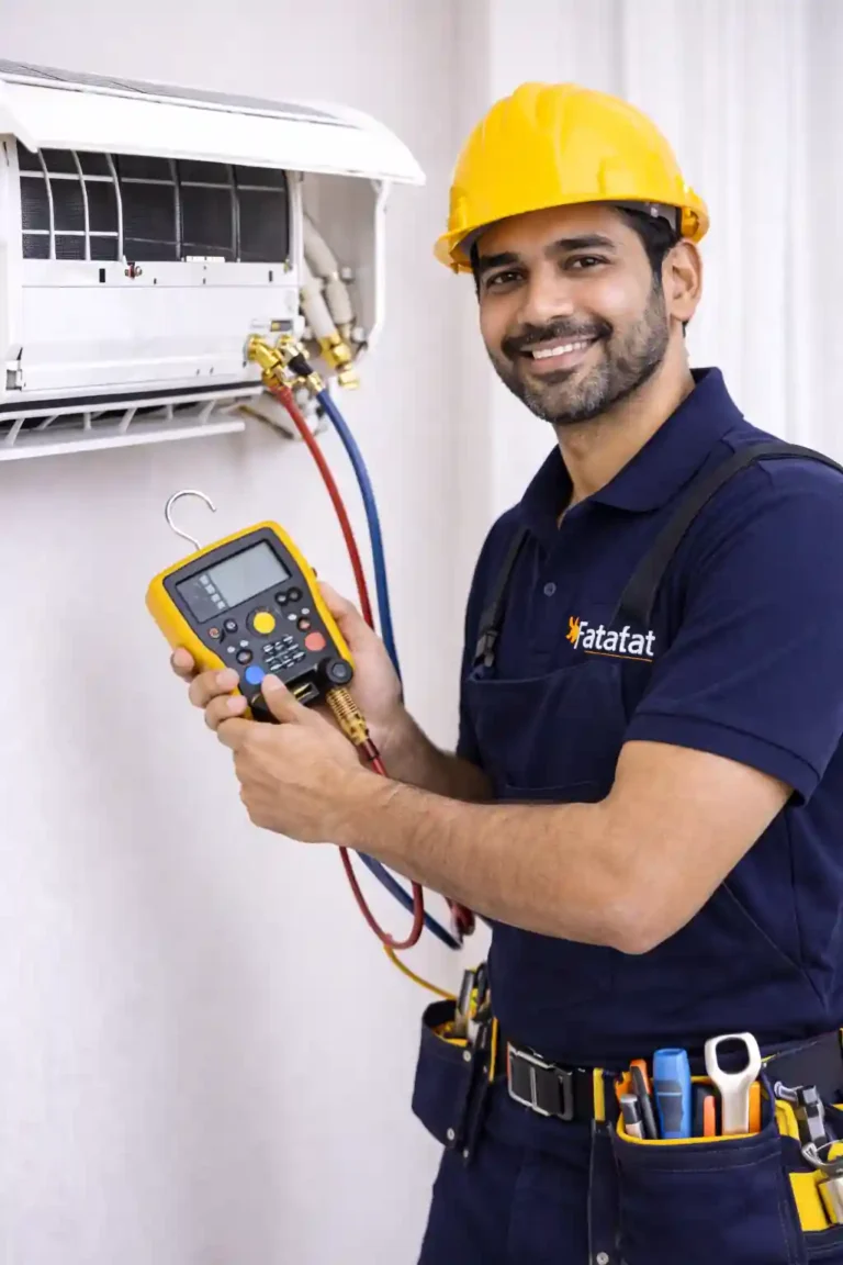 Indian technician repairing air conditioner in Fatafat uniform