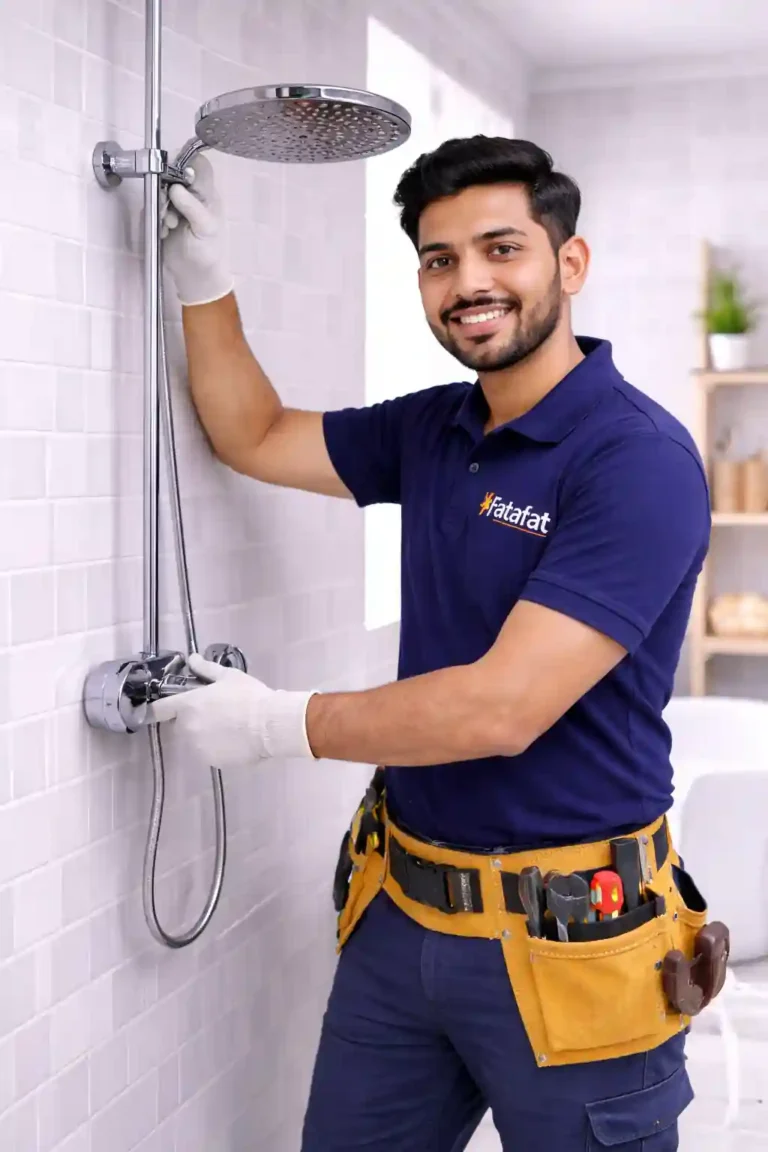 Indian technician installing shower in bathroom renovation service