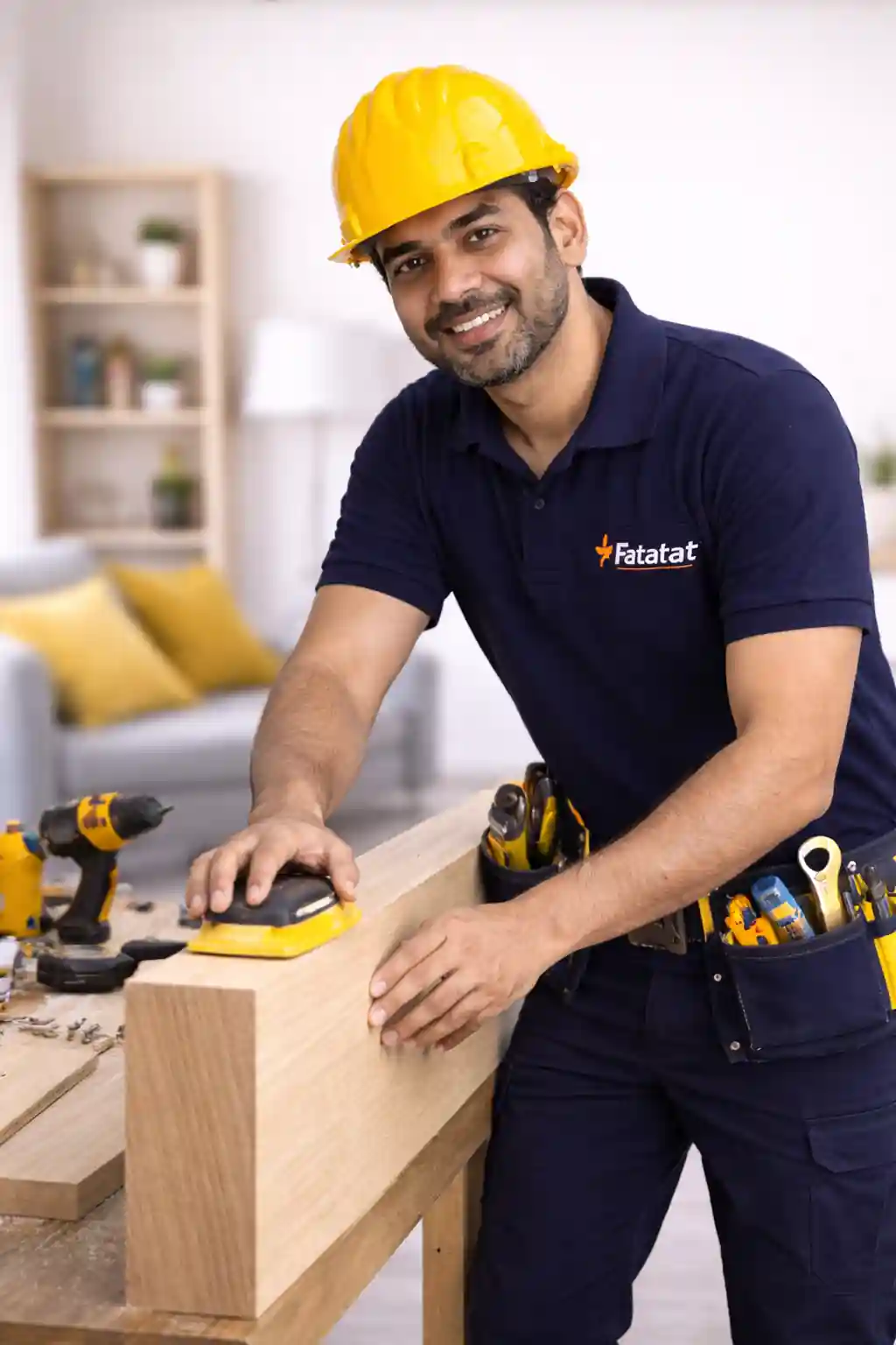 Indian carpenter working on wooden furniture in Fatafat uniform