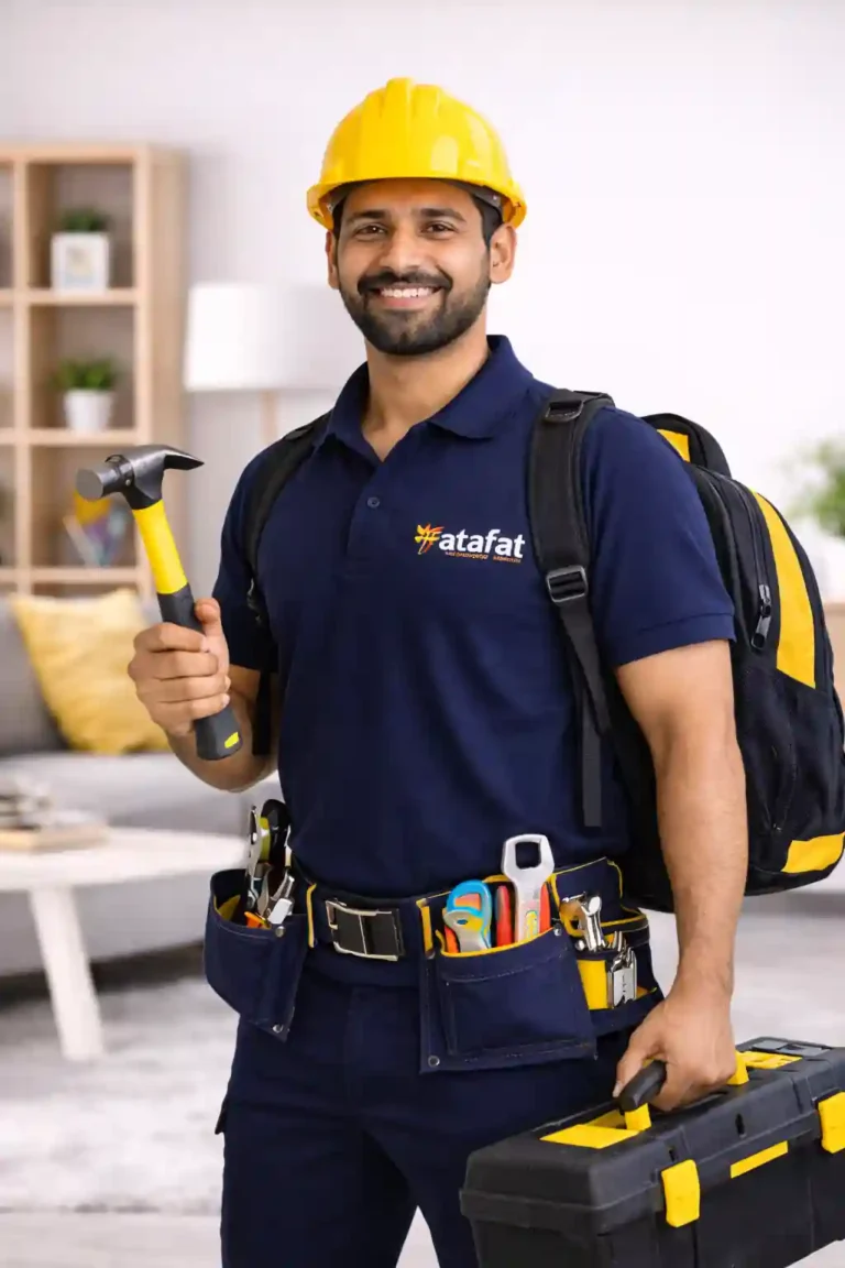 Indian handyman repairing home fixtures in Fatafat uniform