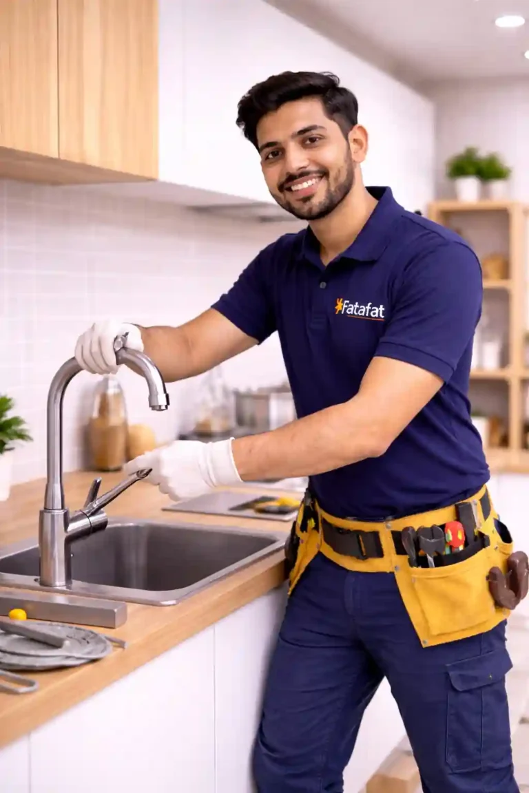 Indian technician working on kitchen renovation in Fatafat uniform