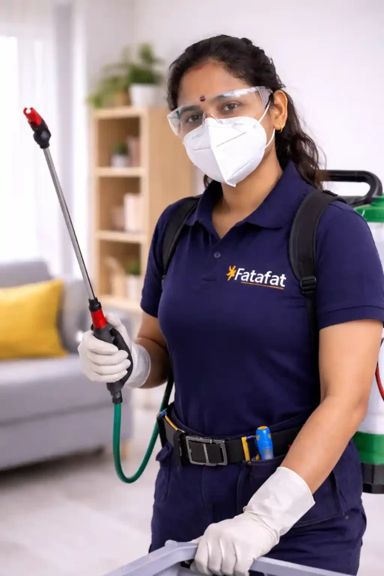 Indian pest control technician spraying treatment in Fatafat uniform