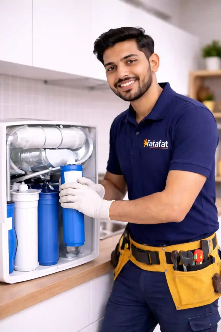 Indian technician servicing RO water purifier in Fatafat uniform