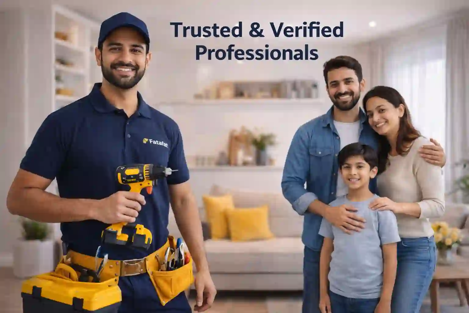 Indian home service technician with happy family