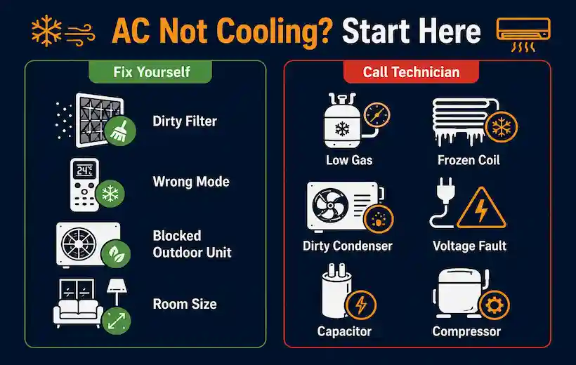 AC not cooling reasons diagnosis flowchart 2026 — Fatafat Care